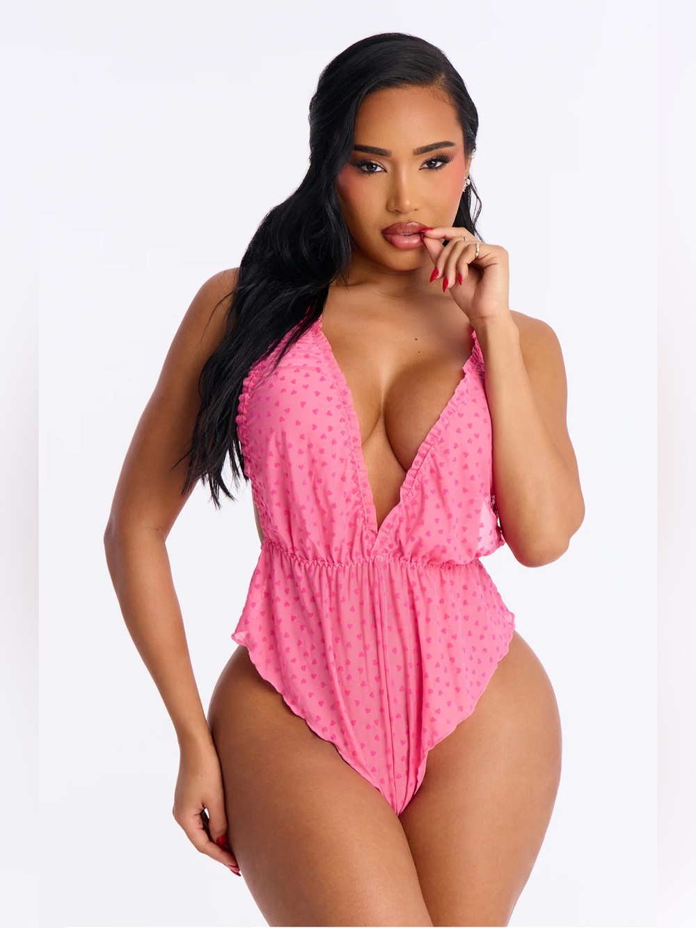 NWT! Fashion Nova SMALL Love And Affection Hearts Ruffle Mesh Teddy - Pink